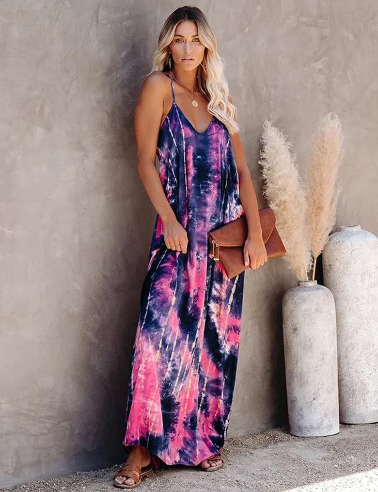 Poetsky Womens Casual Tie Dye Strappy Dress V Neck Sleeveless with Pockets Loose Long Maxi Sundress (M, PAT3) - Image 2